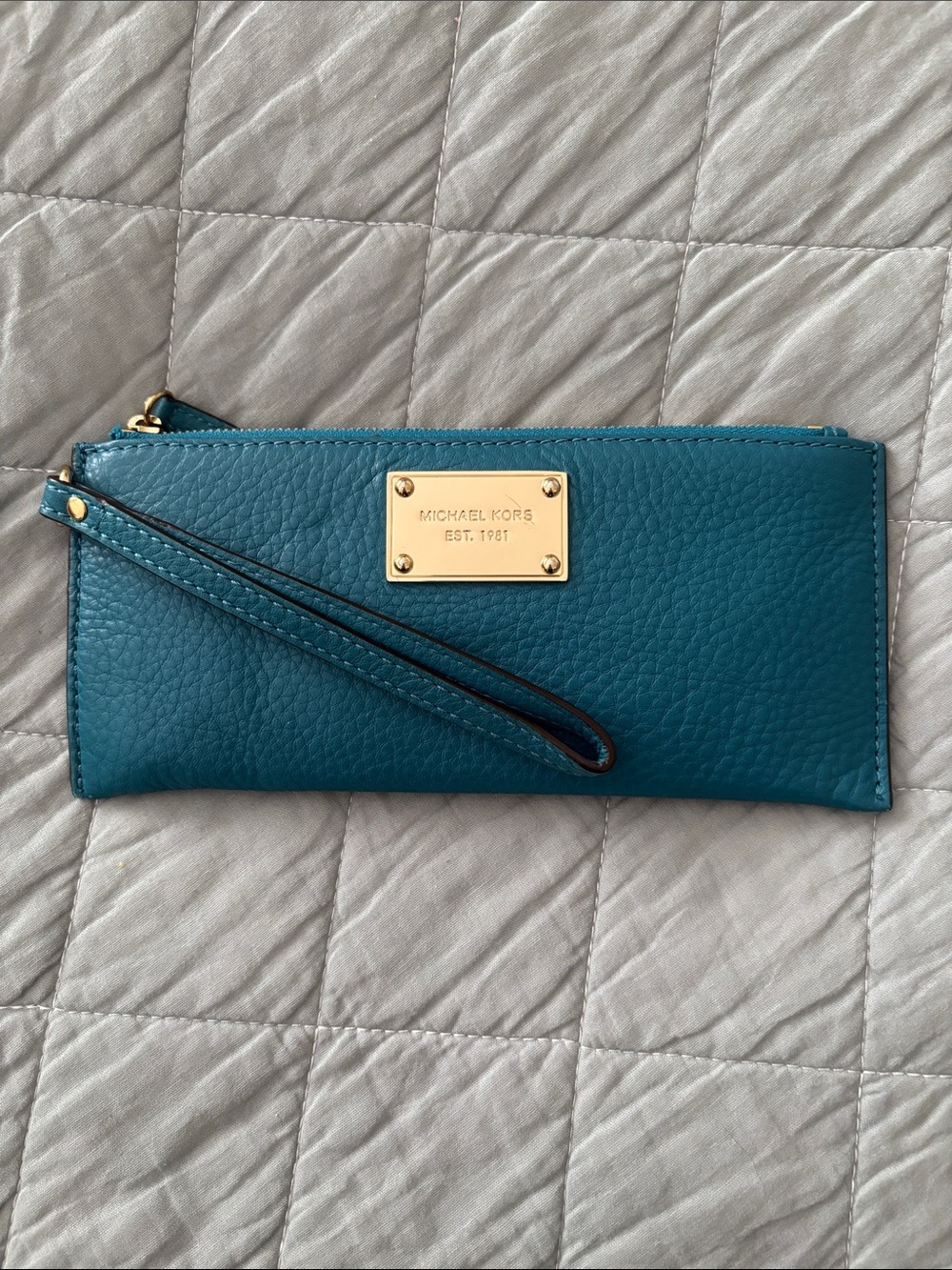 Michael Kors Teal Pebble Leather Wristlet with Gold Plate